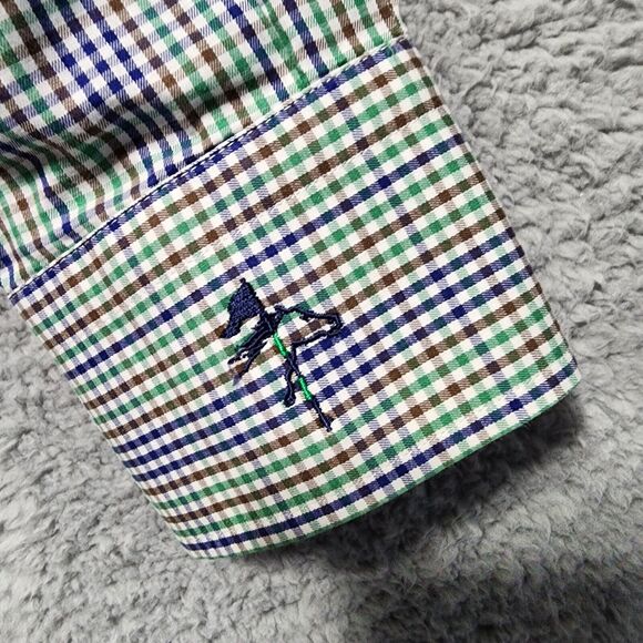 Peter Millar‎ Dress Shirt Blue Brown Green Plaid Button Front Embroidered Medium - Picture 4 of 7